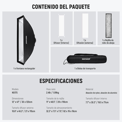 NEEWER 12"x47" Softbox Rectangular Plegable de Configuración Rápida, Bowens Mount con Difusor/Rejilla de Panal/Bolsa, Compatible con Godox Aputure 120d Luz Vídeo Q4 Flash Estroboscópico Estudio, NS17S