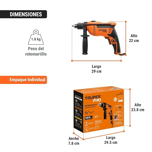 TRUPER COMBOR-1/2A7, Combo rotomartillo/destornillador 1/2" 650W con 8 accesorios
