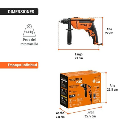 TRUPER COMBOR-1/2A7, Combo rotomartillo/destornillador 1/2" 650W con 8 accesorios
