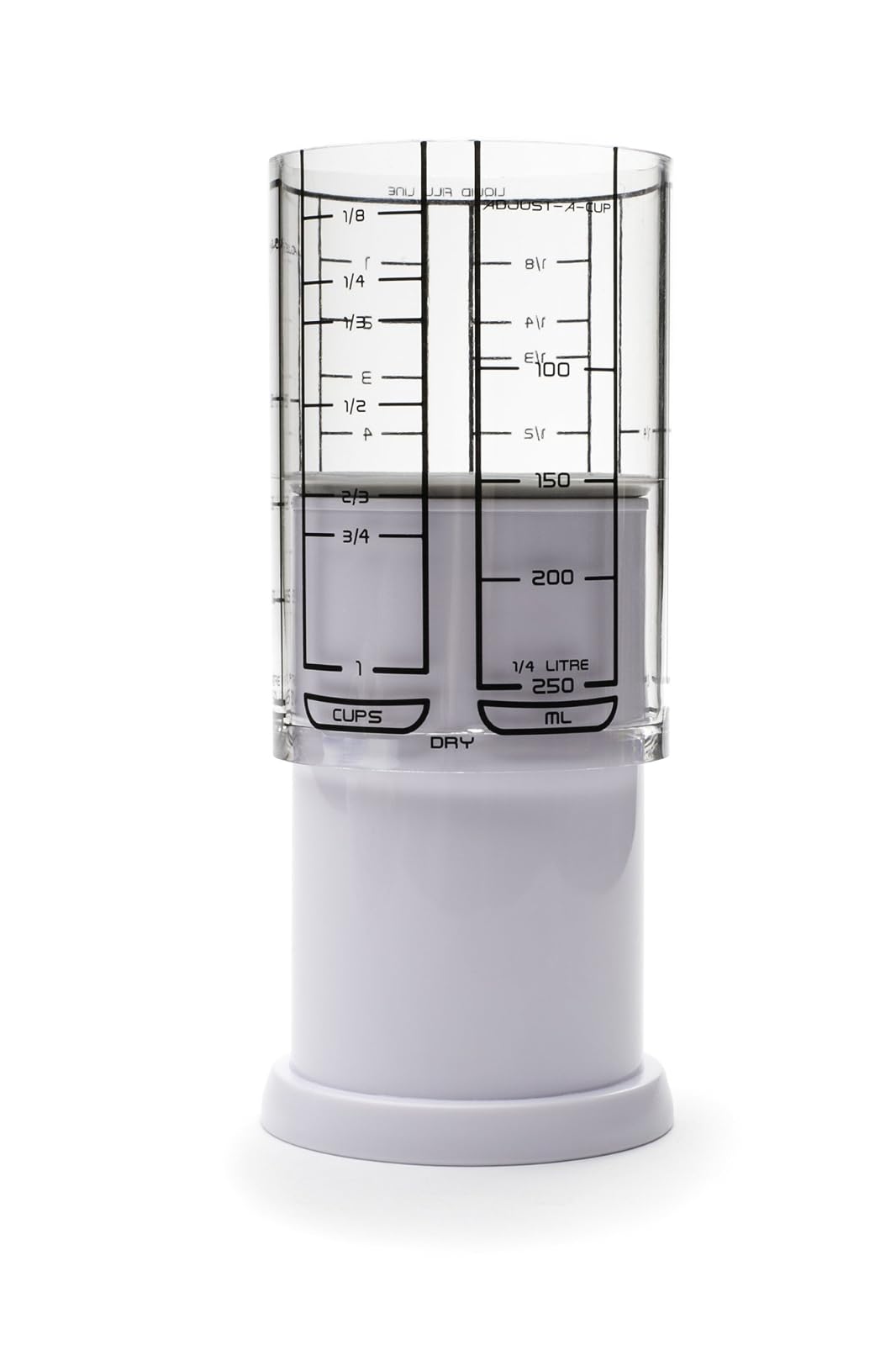 KitchenArt Taza Medidora Ajustable de 2 Tazas, Color Blanco | Taza medidora de émbolo | Mide entre 1/8 taza y 1 taza | Incluye conversiones | Gadget de cocina | Mide sólidos y líquidos