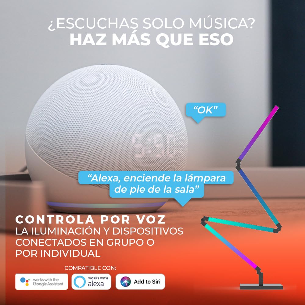 Tecnolite Connect - Lámpara de Pie/Pared Plegable Inteligente WiFi 22 W, Luz RGB + Blanca, Personalizable, Detección de sonido, Compatible con App móvil, Alexa, Google y Siri, Lámpara Interior