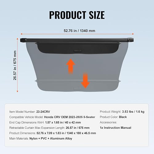 VEVOR Funda de Carga Retráctil Impermeable Mejorada de Maletero, Protección de Seguridad para Honda CRV 2023-2025 5 Plazas Resistente a los Rayos UV con Aleación Aluminio, PVC, Textura de Cuero