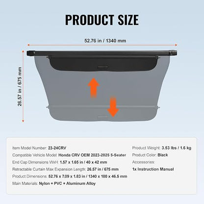 VEVOR Funda de Carga Retráctil Impermeable Mejorada de Maletero, Protección de Seguridad para Honda CRV 2023-2025 5 Plazas Resistente a los Rayos UV con Aleación Aluminio, PVC, Textura de Cuero