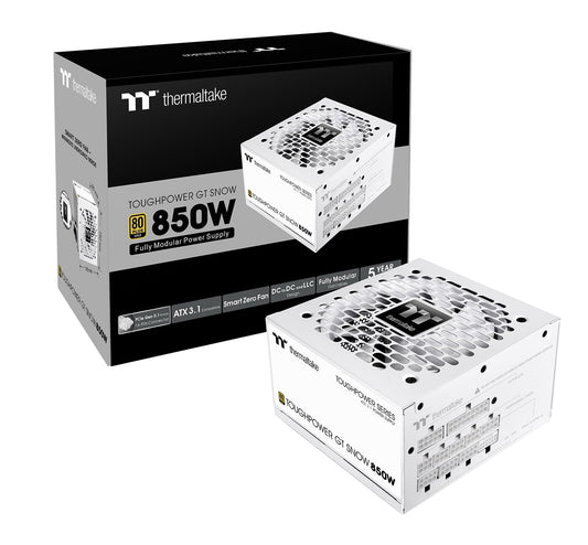 Thermaltake Toughpower GT 850W Snow ATX 3.1 Fuente de alimentación; 80 Plus Gold Efficiency; Smart Zero Fan; Conector Nativo PCIe 5.1 de 600 W; PS-TPT-0850FNFAGU-W; garantía de 5 años