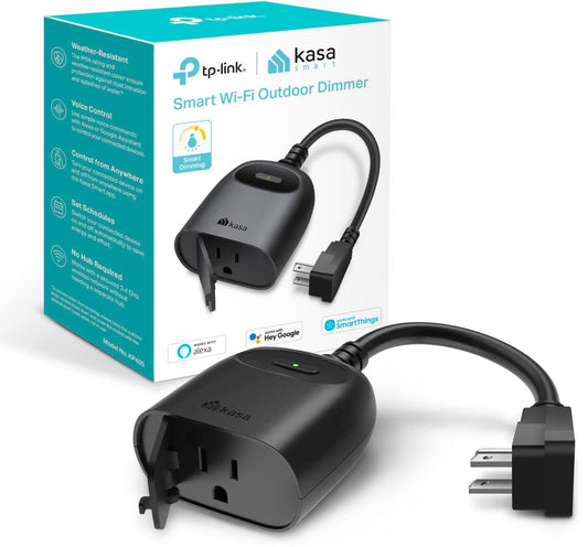 Kasa Smart - Atenuador inteligente Kasa Outdoor, atenuador IP64 para guirnaldas de luces exteriores, compatible con Alexa, Google Assistant y SmartThings, amplio alcance de Wi-Fi de 2,4 GHz, no requiere hub, certificado ETL (KP405)