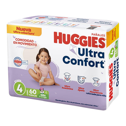 HUGGIES UltraConfort Pañal Desechable para Bebé, Etapa 4, Niña, Caja con 180 Piezas, Ideal para Bebés de 9 a 12 kg