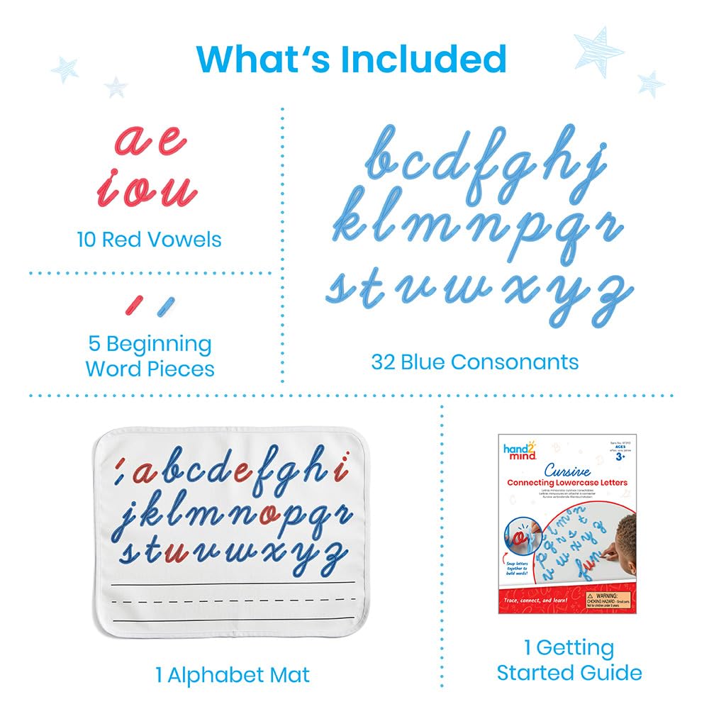 hand2mind Letras cursivas conectadas minúsculas, trazado táctil de letras, práctica de escritura cursiva del alfabeto, actividades de motricidad fina, suministros para educación en casa, manipulativos