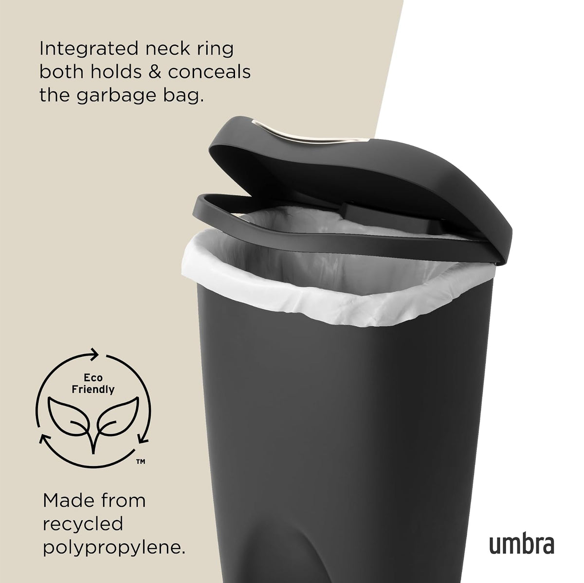 Umbra Brim Bote de Basura Moderno Grande con Tapa para Cocina y Baño, 50L, Negro
