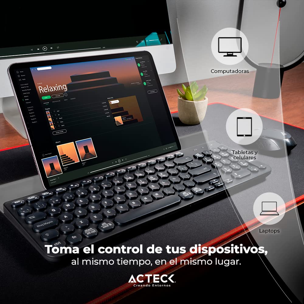 Acteck Teclado Multidispositivo Inspire Comp TI695 / 2.4Ghz + 2 Modos BT Soporte para Dispositivo + 2xBats AAA Incluidas Negro Elite Series
