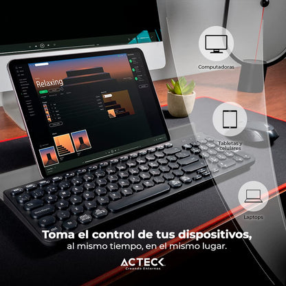 Acteck Teclado Multidispositivo Inspire Comp TI695 / 2.4Ghz + 2 Modos BT Soporte para Dispositivo + 2xBats AAA Incluidas Negro Elite Series