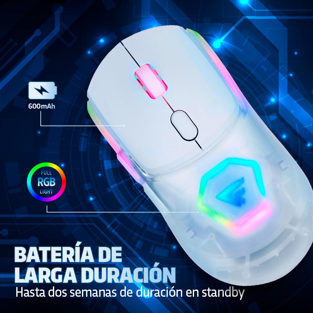 GAME FACTOR MOW700-WH Mouse Gamer Inalámbrico - Sensor Pixart 3395, 26000 dpi, RGB, Bluetooth/2.4GHz, 3 Carcasas, Batería 600mAh, 20M Clics, Ideal para PC Gaming Color Blanco