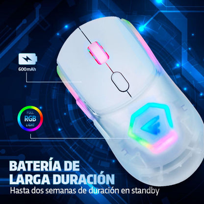 GAME FACTOR MOW700-WH Mouse Gamer Inalámbrico - Sensor Pixart 3395, 26000 dpi, RGB, Bluetooth/2.4GHz, 3 Carcasas, Batería 600mAh, 20M Clics, Ideal para PC Gaming Color Blanco