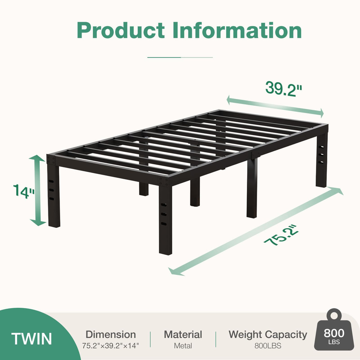 Novilla - Marco de Cama Individual con Plataforma de Metal de 14 Pulgadas, tamaño Individual con Espacio de Almacenamiento Debajo de la Cama, Soporte de Listones de Acero Resistente, fácil de Montar,