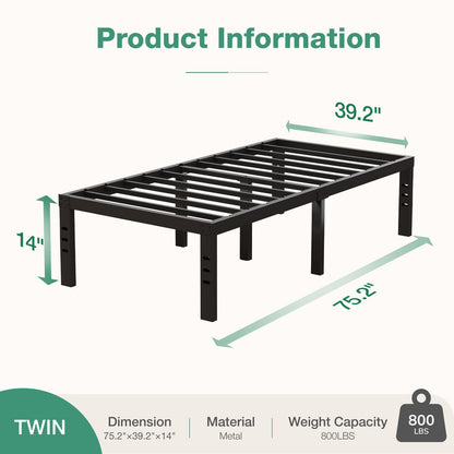 Novilla - Marco de Cama Individual con Plataforma de Metal de 14 Pulgadas, tamaño Individual con Espacio de Almacenamiento Debajo de la Cama, Soporte de Listones de Acero Resistente, fácil de Montar,