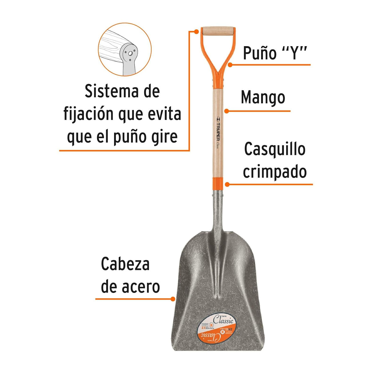 Truper PCAY, Pala carbonera, puño "Y", modelo classic, cabeza 22 3/4"