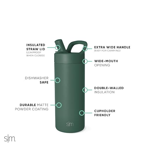 Simple Modern Botella de Agua para Niños con Tapa de Popote | Termo Aislado de Acero Inoxidable | Botellas de Agua para Niñas, Escuela y Deportes | A Prueba de Fugas y Libre de BPA| Mesa Colección | 475ml | Forest