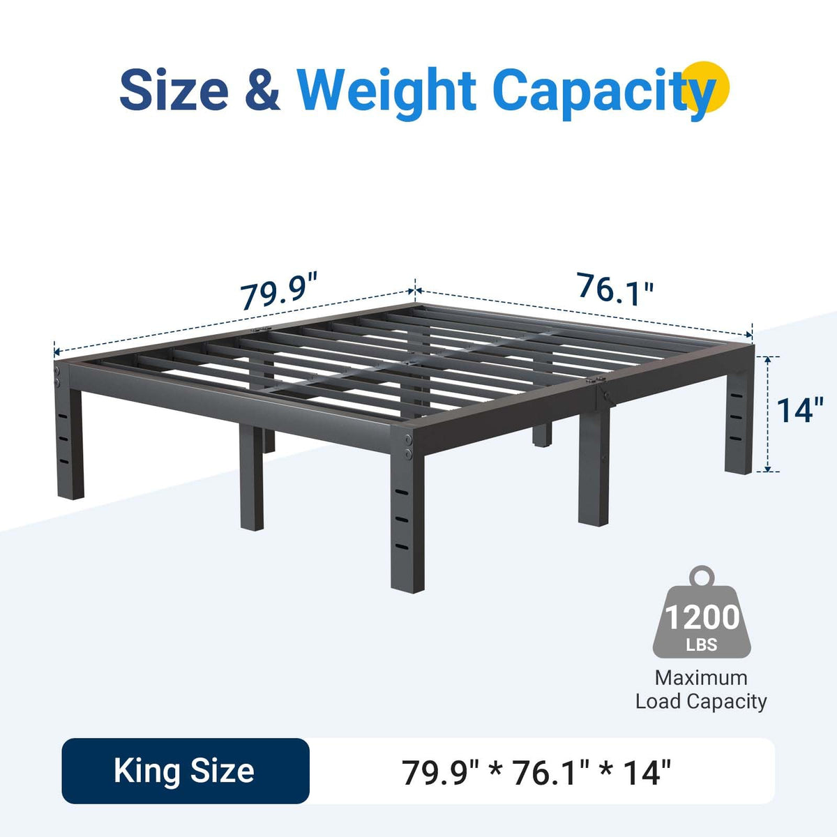 Avenco - Marco de Cama con Plataforma de Metal, tamaño King, 14 Pulgadas, diseño silencioso sin Ruido, Soporte de Acero Resistente, Almacenamiento Debajo de la Cama, fácil Montaje, no Necesita somier