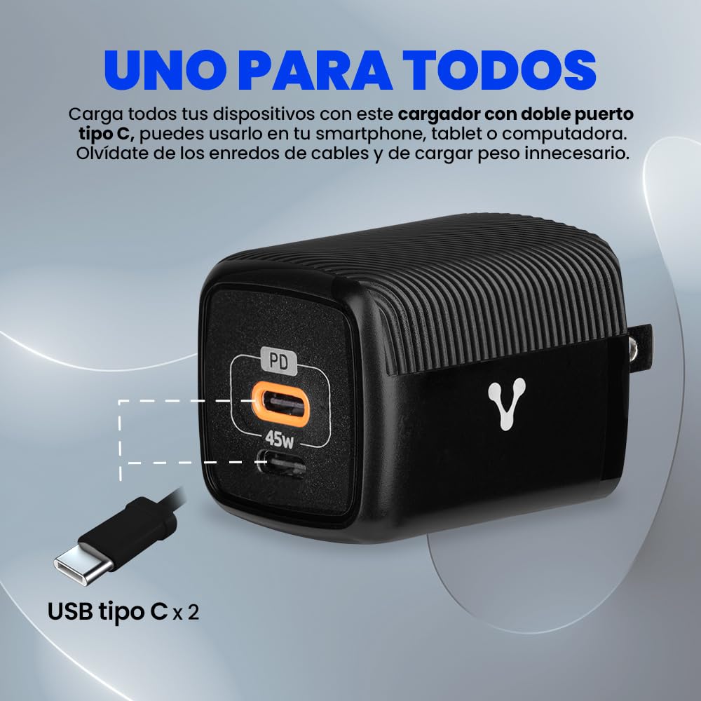 Vorago Cargador de Pared USB-C 45W GAN PD 2 Puertos Carga Rápida AU-402-BK Compacto