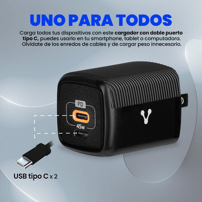 Vorago Cargador de Pared USB-C 45W GAN PD 2 Puertos Carga Rápida AU-402-BK Compacto