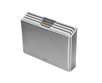 Joseph Joseph - Juego de tabla de cortar de 4 piezas codificadas por colores, estuche delgado de acero inoxidable para almacenamiento de cocina organizada, piedra ligera