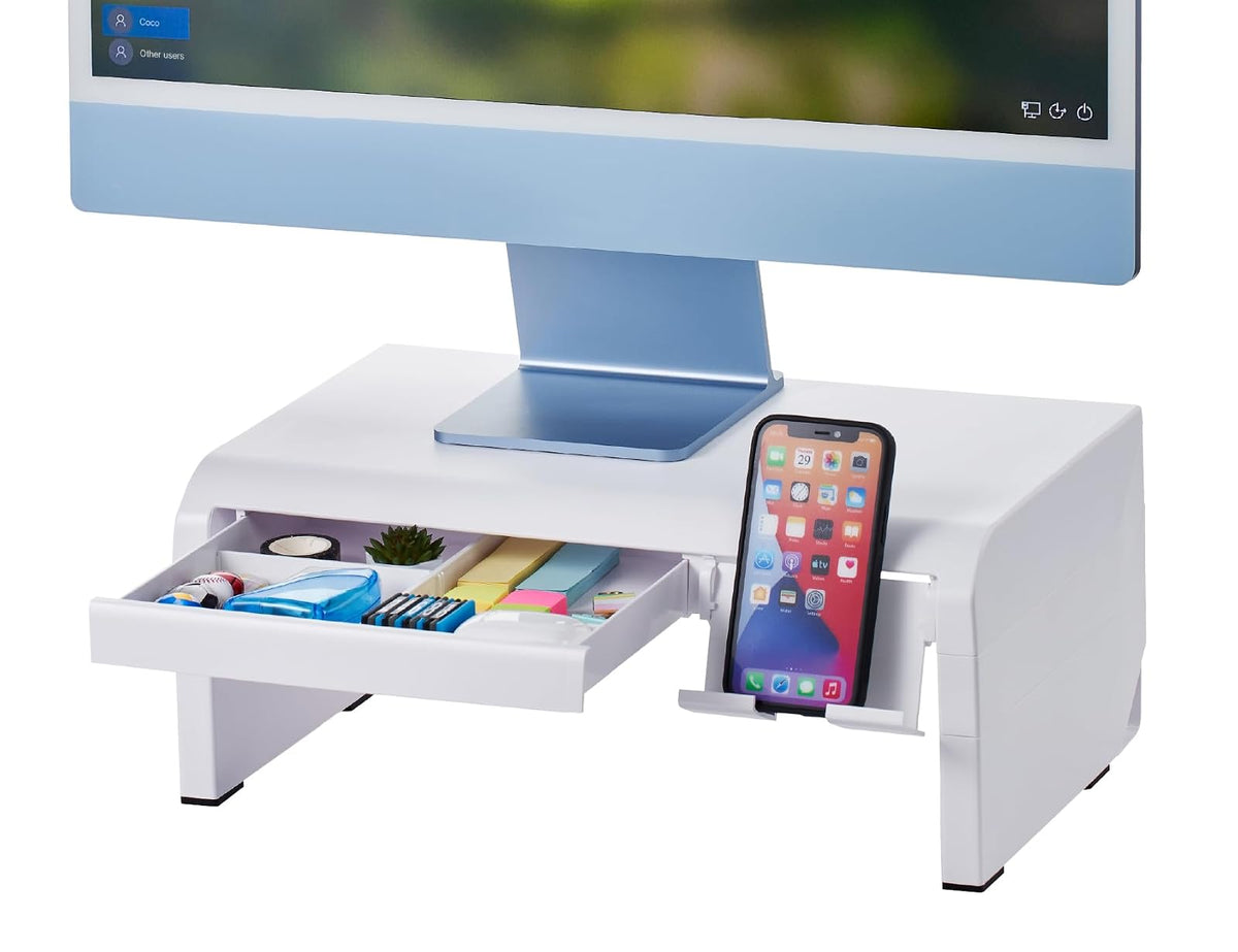 Bostitch Konnect - Elevador Ajustable para Monitor con cajón y Soporte para teléfono Celular, Soporte para computadora portátil, 4 Niveles de Altura, gestión de Cables y Patas de Goma
