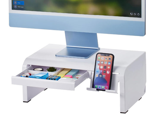 Bostitch Konnect - Elevador Ajustable para Monitor con cajón y Soporte para teléfono Celular, Soporte para computadora portátil, 4 Niveles de Altura, gestión de Cables y Patas de Goma
