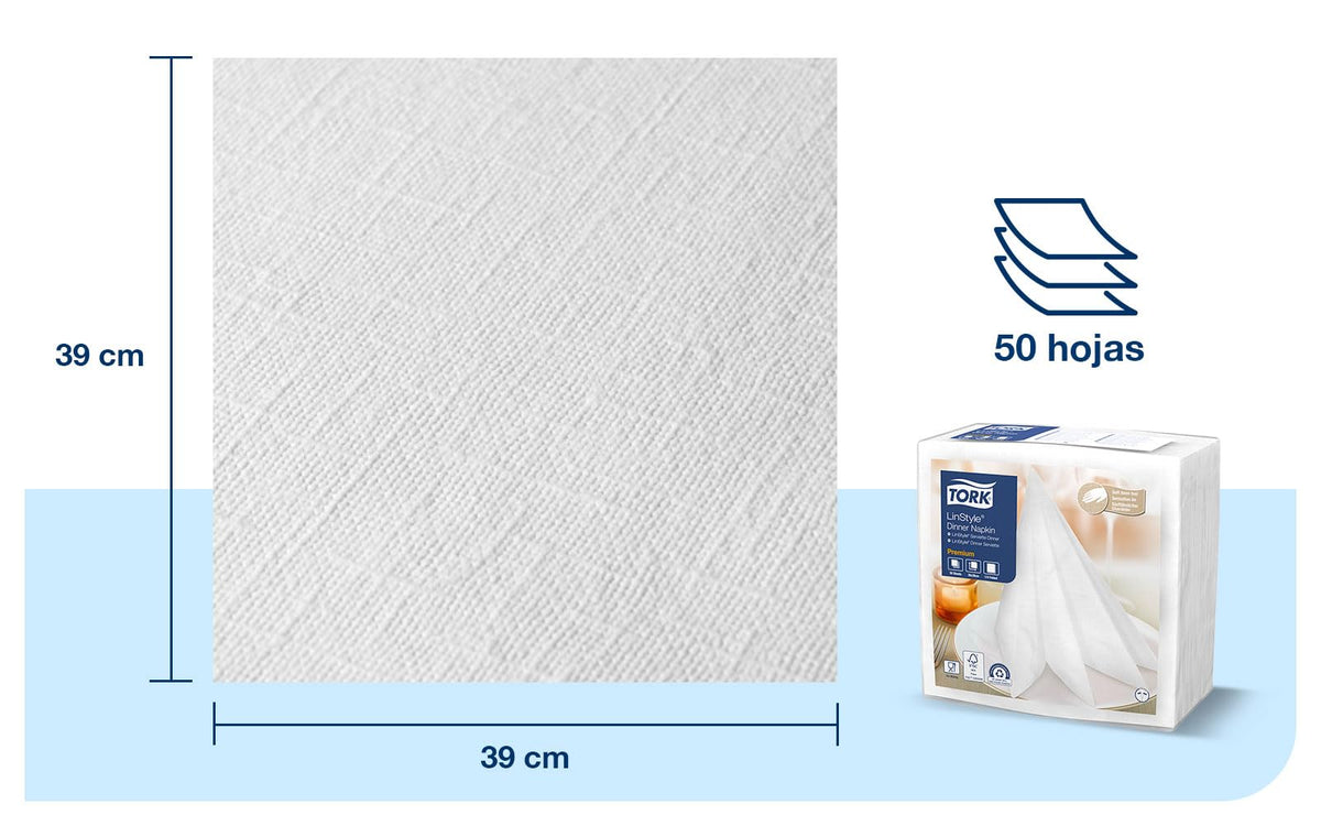 Tork Servilletas de Papel Premium LinStyle Sensación Tela – Servilleta Desechable Elegante para Mesa Restaurante y Eventos, 19.5x19.5 cm, Blanca – 12 Paquetes x 50 Piezas (600 Piezas)