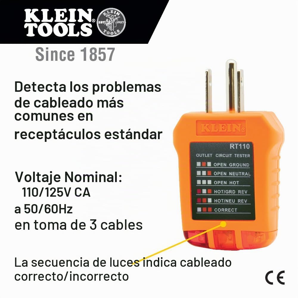 KLEIN TOOLS RT110 |Probador De Tomacorrientes | 110-125 V |Detecta Cableado