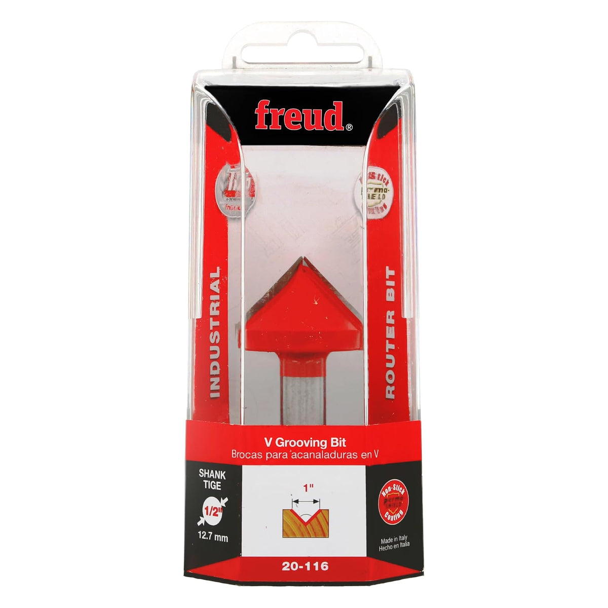 Freud 20-100 Broca de 1/4" de diámetro para tallado V a 90 grados, con vástago de 1/4", 20-116, 1-1/2 pulgadas diámetro 90 grados punta de ranurado en V con vástago de 1/2 pulgadas, Revestimiento rojo Perma-Shield®