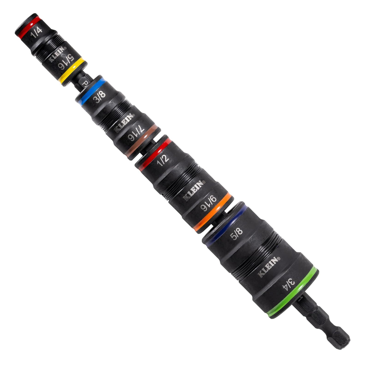 Klein Tools 32934 - driver de impacto SAE 9 en 1, 4 enchufes giratorios con 1/4, 5/16, 3/8, 7/16, 1/2, 9/16, 5/8 y 3/4 pulgadas con soporte de brocas, eje de 6-1/2 pulgadas