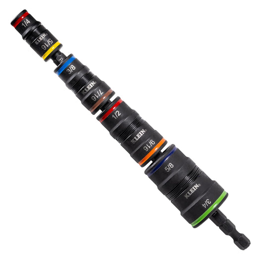 Klein Tools 32934 - driver de impacto SAE 9 en 1, 4 enchufes giratorios con 1/4, 5/16, 3/8, 7/16, 1/2, 9/16, 5/8 y 3/4 pulgadas con soporte de brocas, eje de 6-1/2 pulgadas