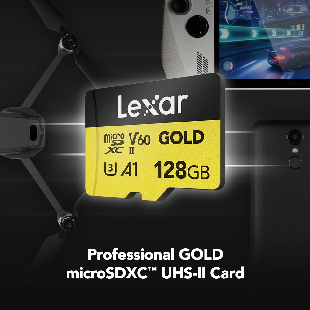 Tarjeta Lexar Profesional Oro microSDXC 128GB, UHS-II, C10, U3, V60, Full-HD & 4K Video, hasta 280MB/s de Lectura, para videógrafos Profesionales, Jugadores
