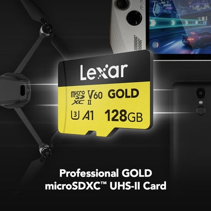 Tarjeta Lexar Profesional Oro microSDXC 128GB, UHS-II, C10, U3, V60, Full-HD & 4K Video, hasta 280MB/s de Lectura, para videógrafos Profesionales, Jugadores