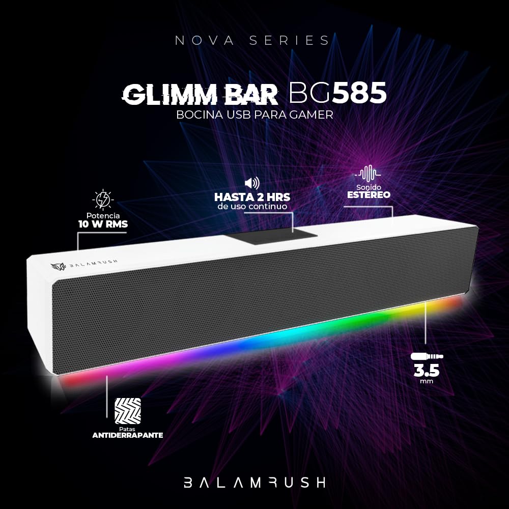 Glimm Bar BG585 Bocina Gamer, Soundbar con Bluetooth, Control Digital RGB, 10W de Potencia, Iluminación RGB (Blanco)
