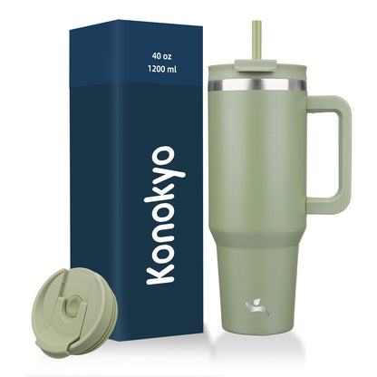 Konokyo Vaso Térmico de 40 oz con Asa y Popote, Lavanda - 40 Ounces - Verde militar