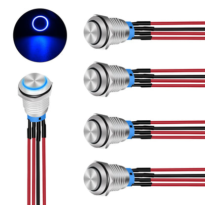 Nilight Interruptor de botón de 12 mm, 5 piezas con arnés precableado, 12 V, 24 V, acero inoxidable, interruptores redondos LED con bloqueo automático, SPDT, 4 pines, interruptor de metal impermeable - 5 interruptores de 12 mm