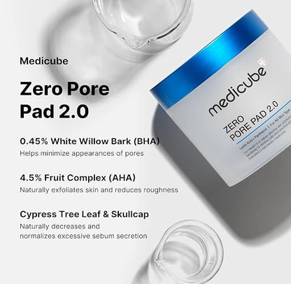 MEDICUBE Zero Pore Pad 2.0, 70 Pads Tonificantes de Doble Textura con AHA y BHA, Exfoliación Suave, Control de Sebo y Cuidado de Poros, 155 g