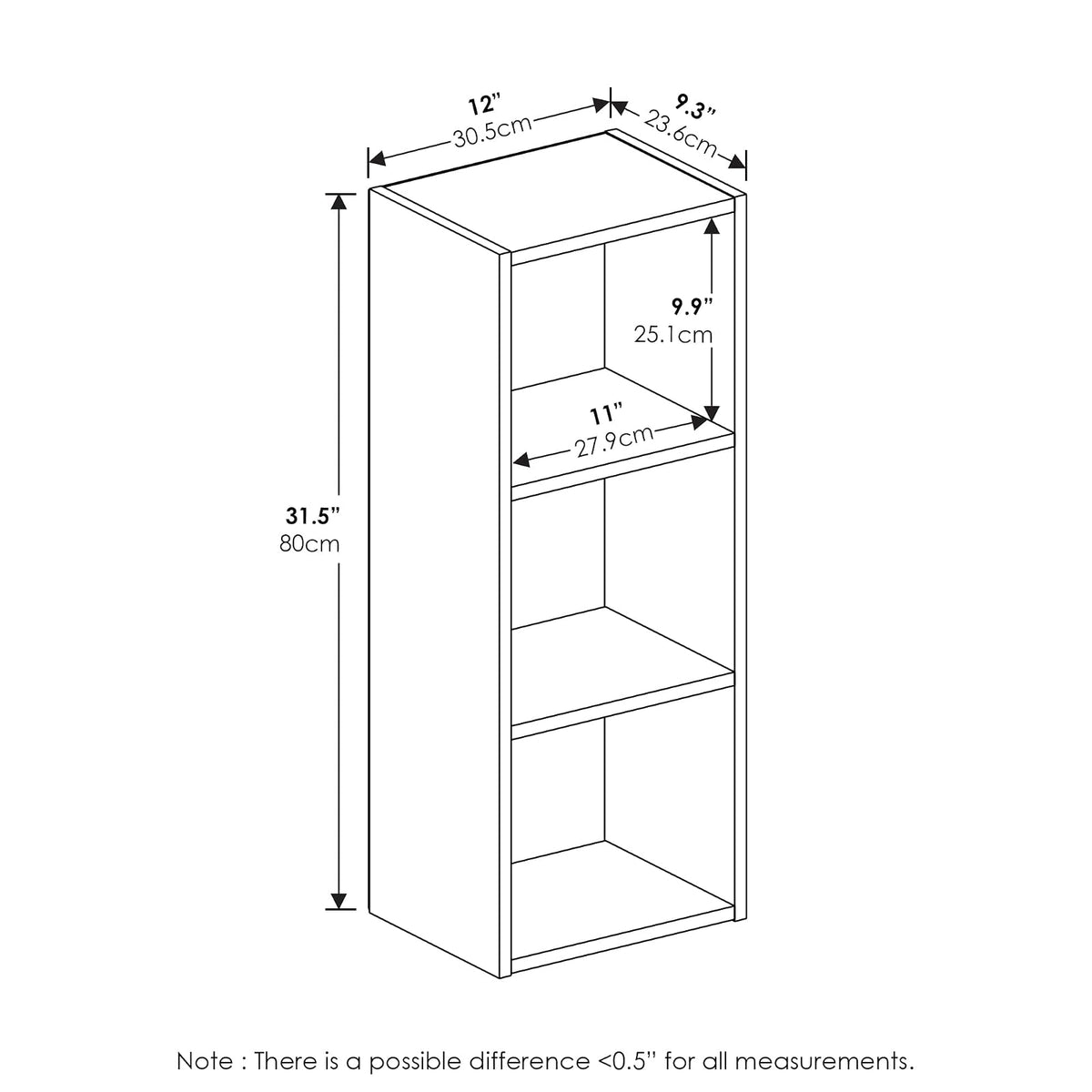 Furinno Pasir Estantería Abierta de 3 Niveles sin Herramientas, Blanco | 22,86 x 30,48 x 81,28 cm, para sala de estar, dormitorio, oficina en casa