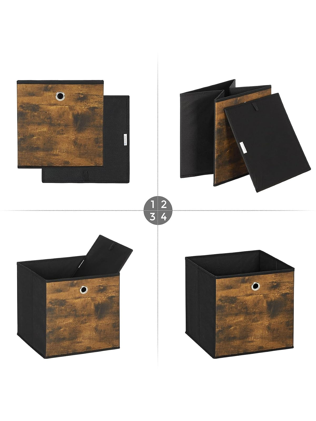 SONGMICS - Cubitos de almacenamiento plegables de tela, juego de 6 | SONGMICS - Cubitos de almacenamiento, 11.8 x 11.8 x 11.8 pulgadas, café rústico y negro, URFB102B01