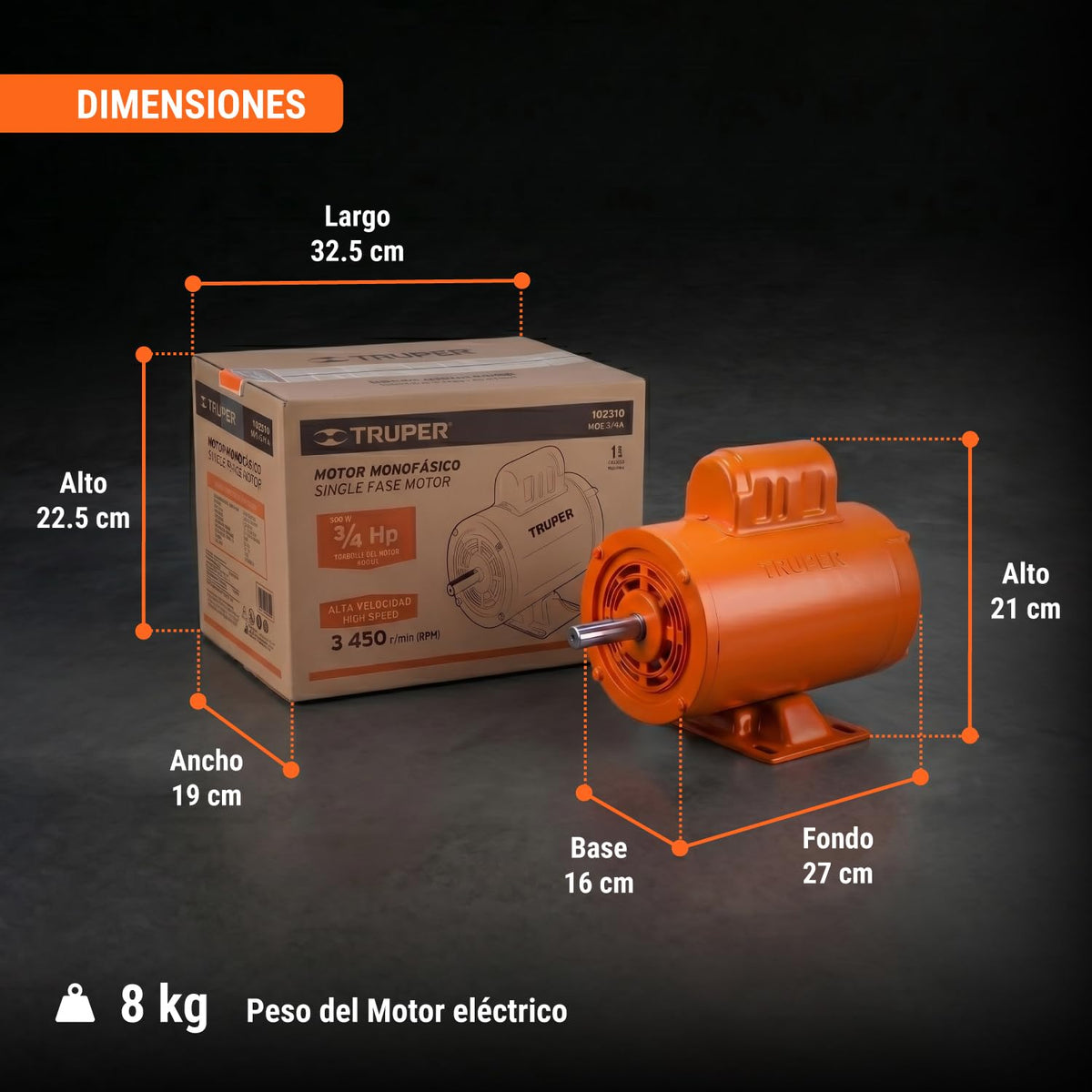 Truper MOE-3/4A, Motor eléctrico monofásico de 3/4 HP, alta velocidad, servicio continuo y reversible