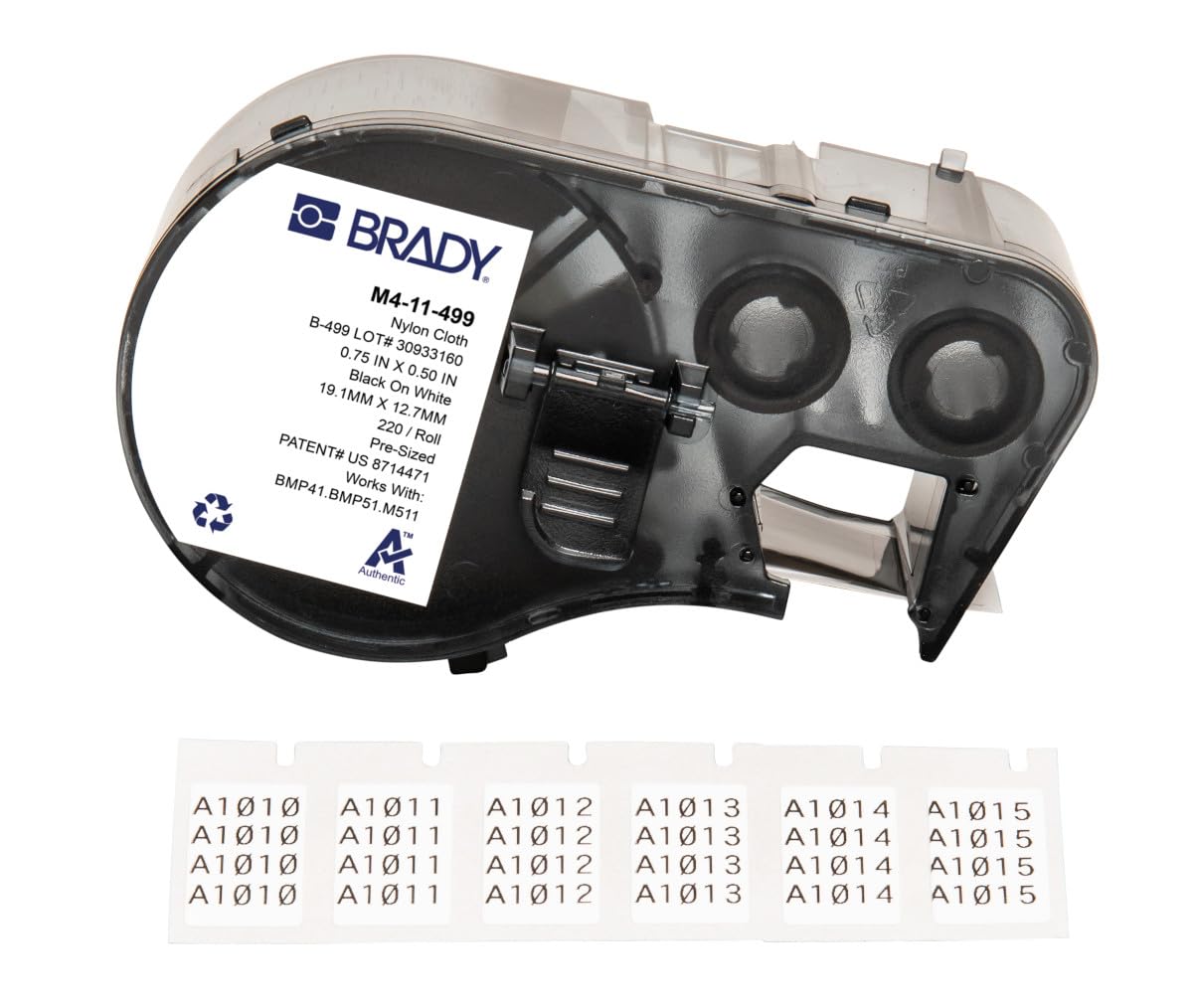 Brady Authentic (M4-11-499) Etiquetas adhesivas agresivas de nailon multiusos 0.5 pulgadas de alto x 0.75 pulgadas de ancho, negro sobre blanco, 220 etiquetas
