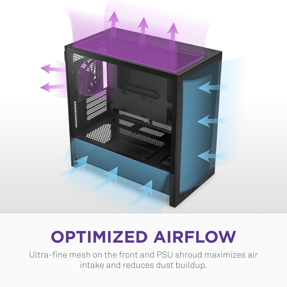 NZXT Gabinete H3 Flow Micro ATX – Flujo de Aire optimizado – Incluye 1 Ventilador Trasero de 120 mm – Compatible con GPU de tamaño Completo – Compatible con Frontal de 280 mm, radiador