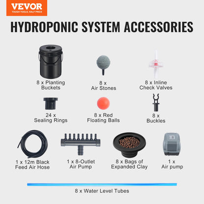 VEVOR DWC Sistema hidropónico, 5 galones y 8 Cubos, cubeta de Cultivo de Agua Profunda, Kit de Cultivo hidropónico con Bomba, Piedra de Aire y Dispositivo de Nivel de Agua, para Verduras de Hoja y