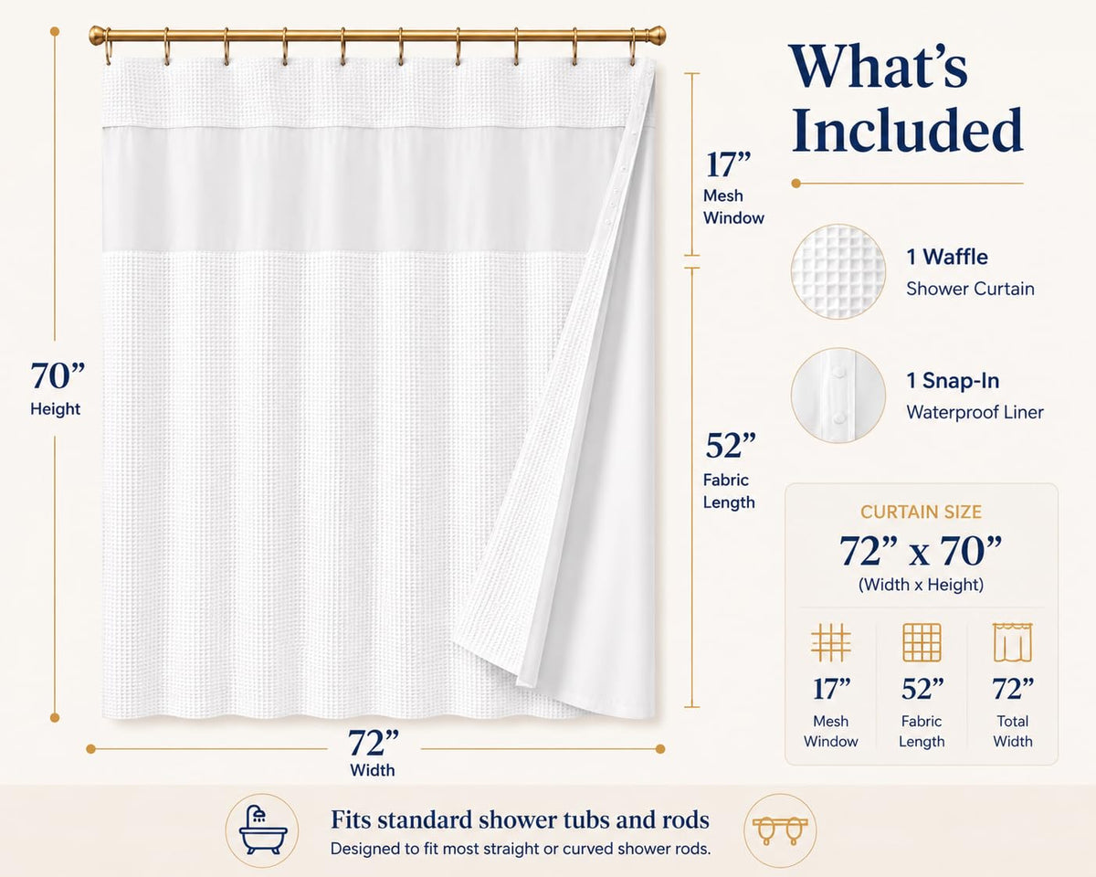 Dainty Home Smart Design - Cortina para regadera, Tela, Piqué Blanco., 72 Inch Wide x 72 Inch Long, 1