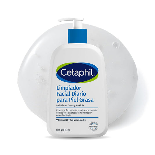 Cetaphil Gel Limpiador Facial Diario Piel Mixta y Grasa Niacinamida 473 ml | Elimina exceso de grasa sin resecar, reduce brillo y poros, remueve maquillaje y ayuda a preservar la barrera con pantenol.