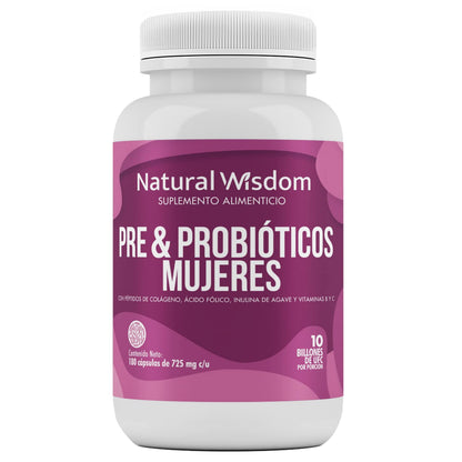 Pre & Probioticos Mujeres 10 Billones UFC + Prebioticos Hidratación Salud de la Piel Salud Digestiva | 180 Capsulas | Vitaminas Complejo B Colágeno | Suplemento Alimenticio | Natural Wisdom