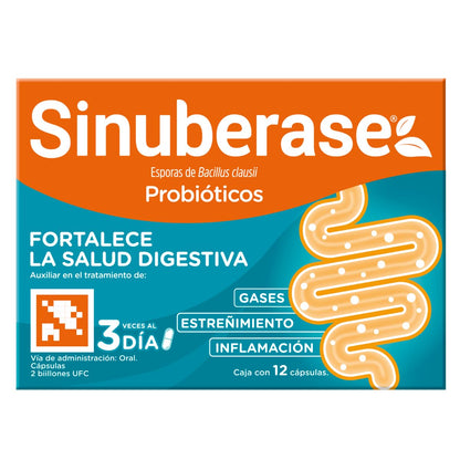 Sinuberase Probióticos 2 billones de UFC 12 Cápsulas. Fortalece la Salud Digestiva. Auxiliar en el Tratamiento de Inflamación, Gases y Estreñimiento. Restaura el Equilibrio de la Flora Intestinal