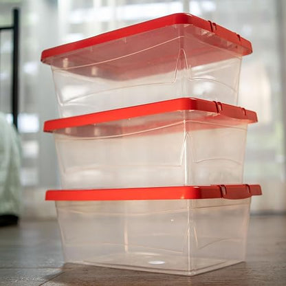 Guateplast Contenedor de Almacenamiento 13 Qt 12 L Rojo | Juego de 3, tapas de colores, transparente, polipropileno virgen, apilable