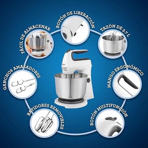Oster Batidora de Mano y Pedestal 250 W con 6 Velocidades y Tazón de 3.7 L | Acción giratoria para mezclar 2 veces más rápido y uniforme, función Turbo, incluye ganchos amasadores, blanco, FPSTHS3612