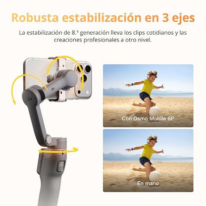 Osmo Mobile 8P + Transmisor Mic Mini 2, gimbal móvil, micró inalámbrico | Estabilizador (iPhone&Android), audio lleno de detalles, OsmoAudio, cancelación activa de ruido, estabilización de 3 ejes